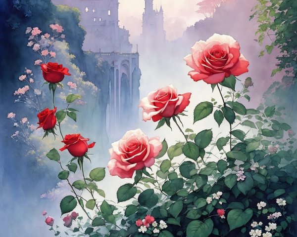 Dreamy Landscape with Roses and Ethereal Castle