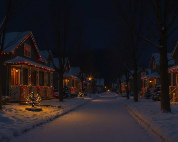 Cozy Neighborhood Street Scene Decorated for Christmas