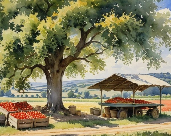 Watercolor of a Market Stand with Fresh Produce