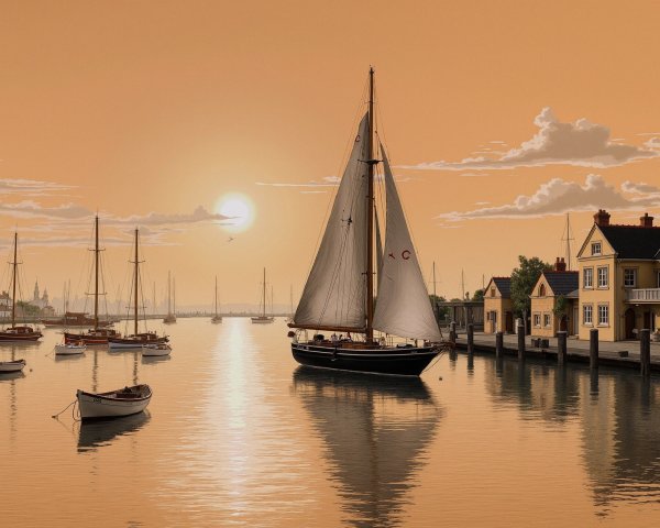 Serene Sunset Over Tranquil Harbor with Sailboat