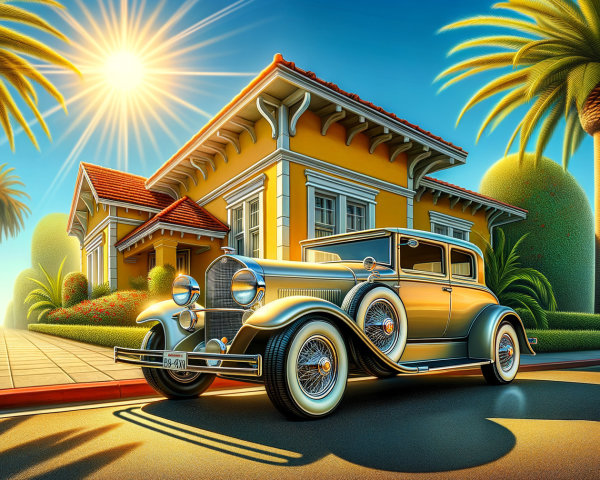 Vintage 1930s Car Near Bright Yellow House and Palms