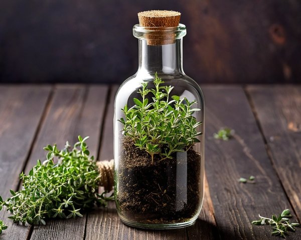Glass Bottle with Fresh Thyme Plant and Soil