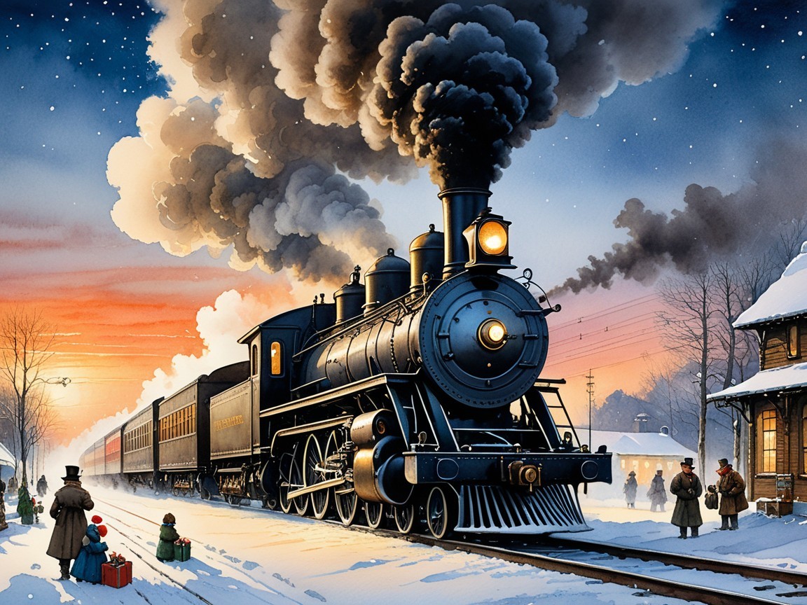 Vintage steam locomotive in snowy sunset landscape