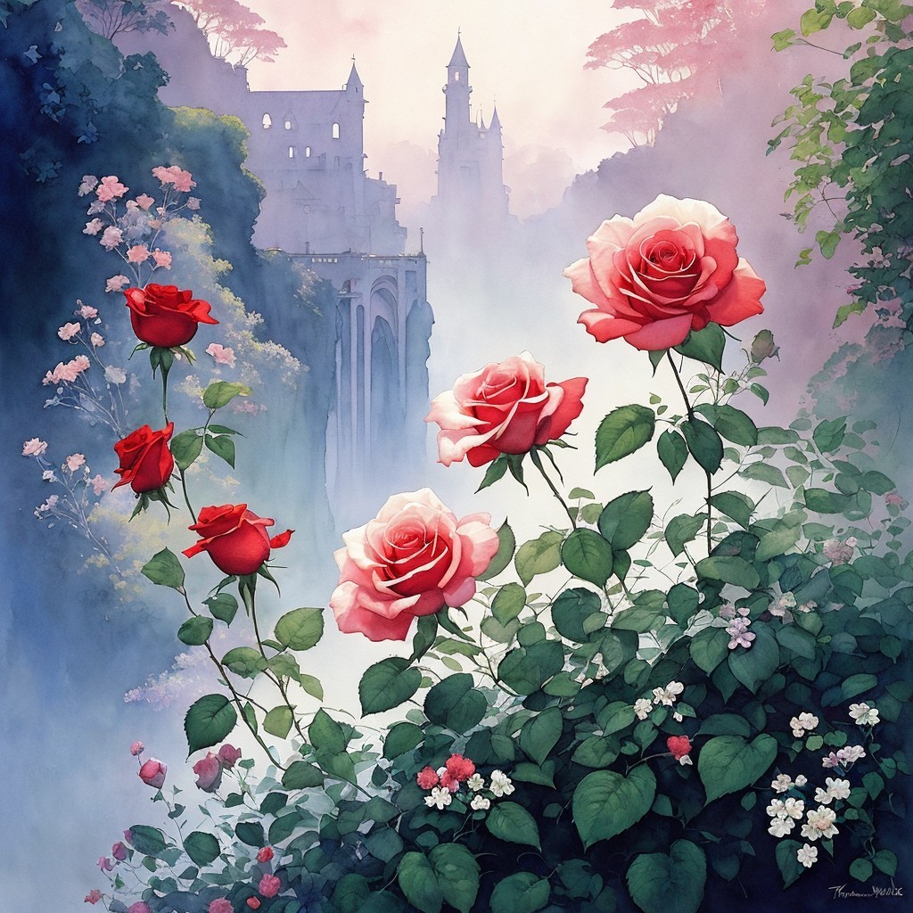 Dreamy Landscape with Roses and Ethereal Castle