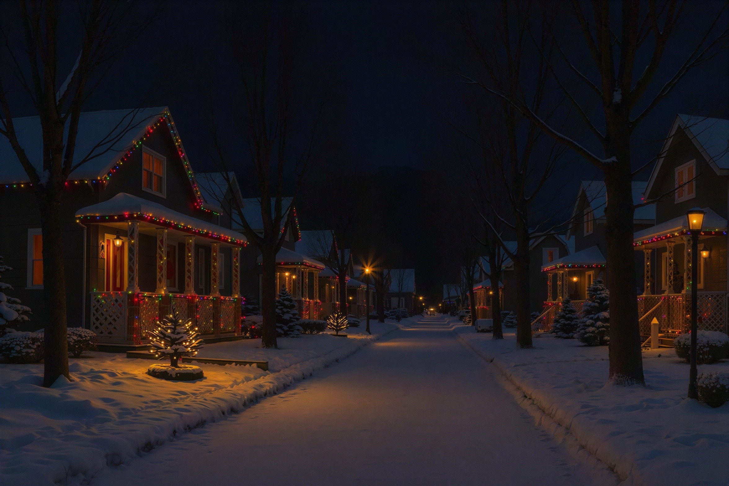 Cozy Neighborhood Street Scene Decorated for Christmas