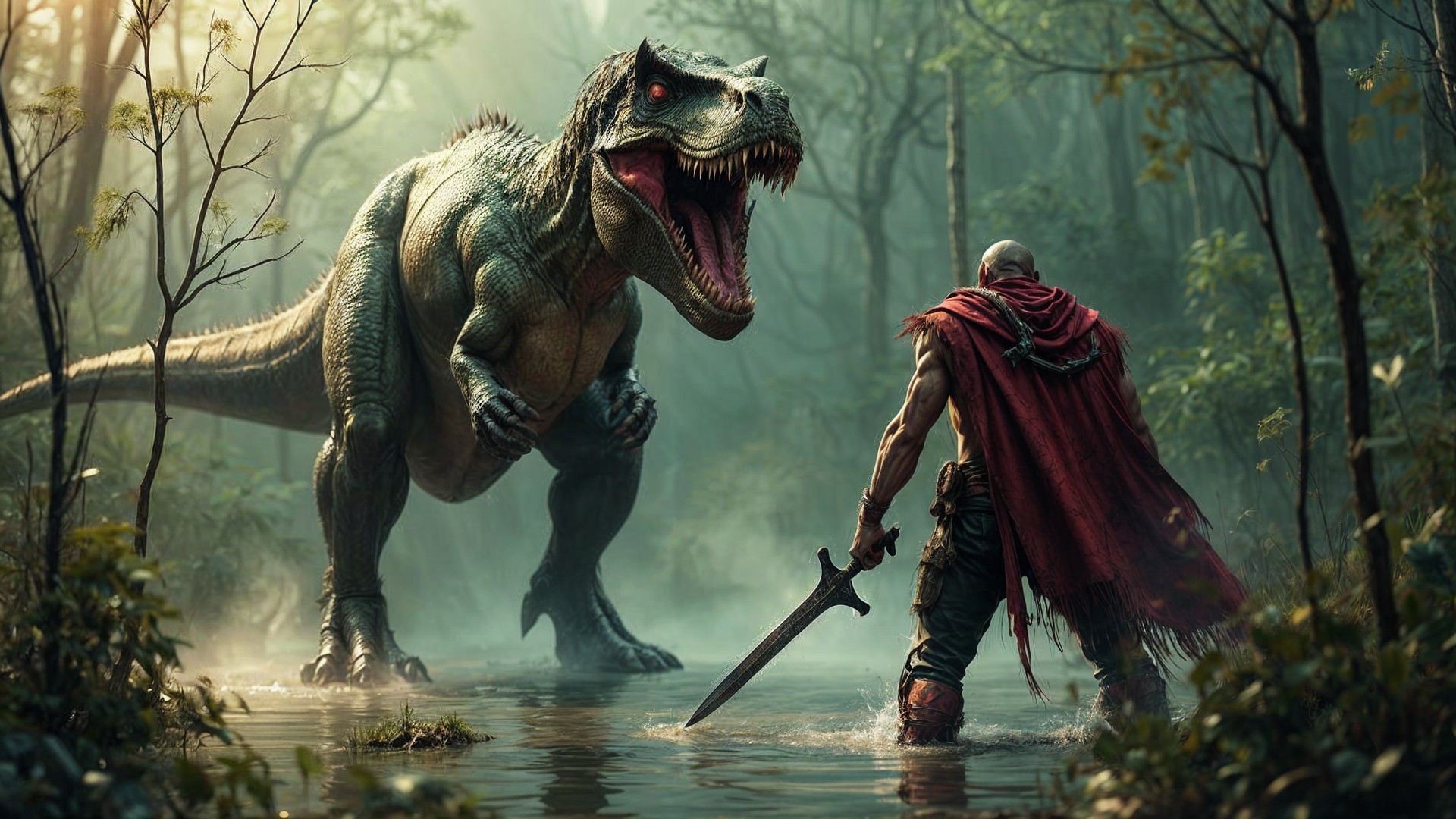 T-Rex and Warrior Confrontation in Prehistoric Landscape