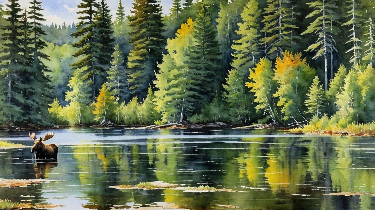 Tranquil Lake Surrounded by Lush Evergreen Trees