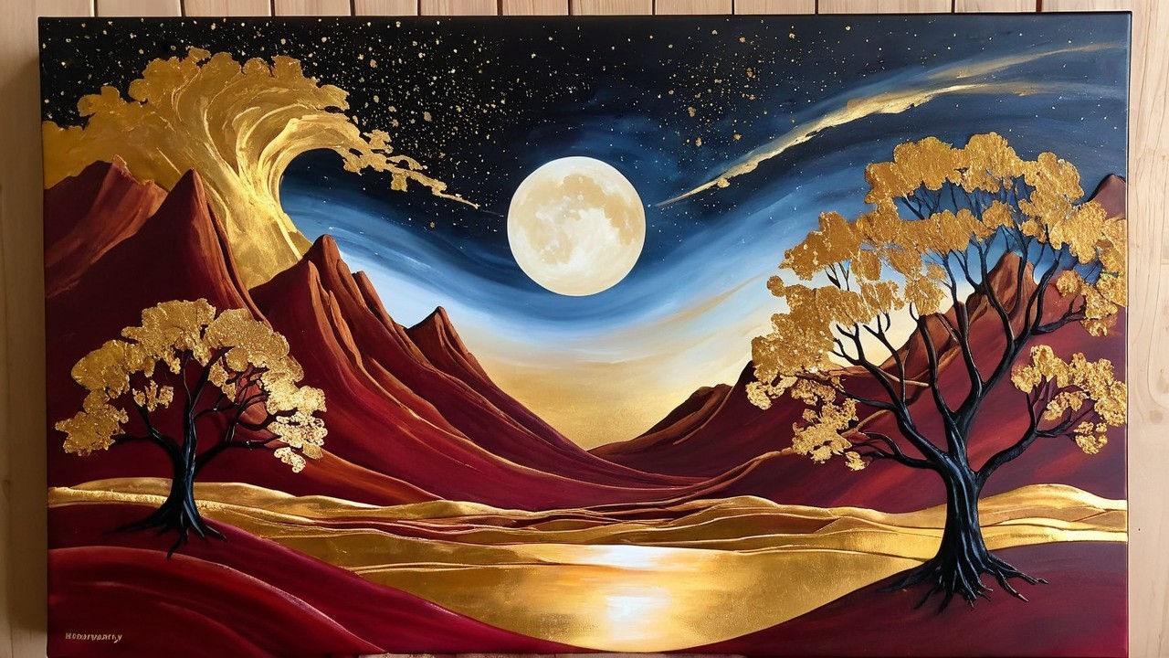 Vibrant Landscape with Mountains and Glowing Moon