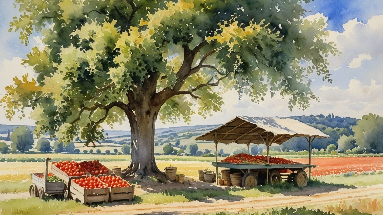Watercolor of a Market Stand with Fresh Produce