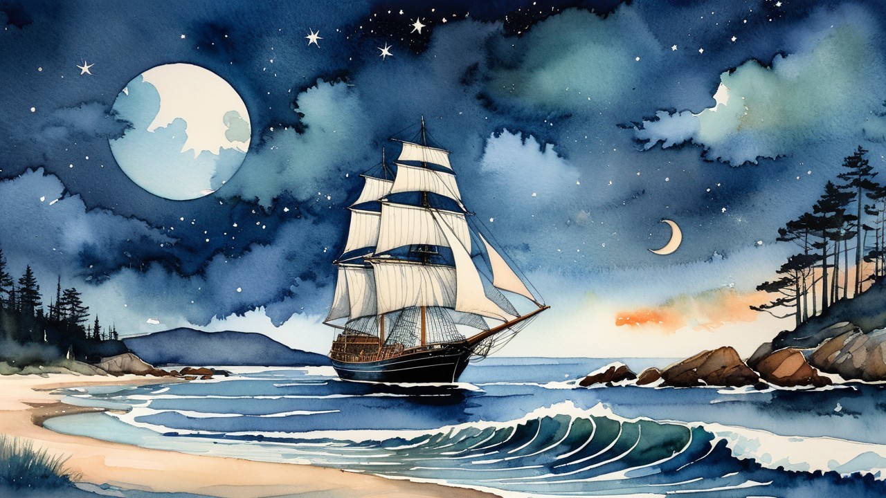 Majestic Sailing Ship on Calm Waters at Night