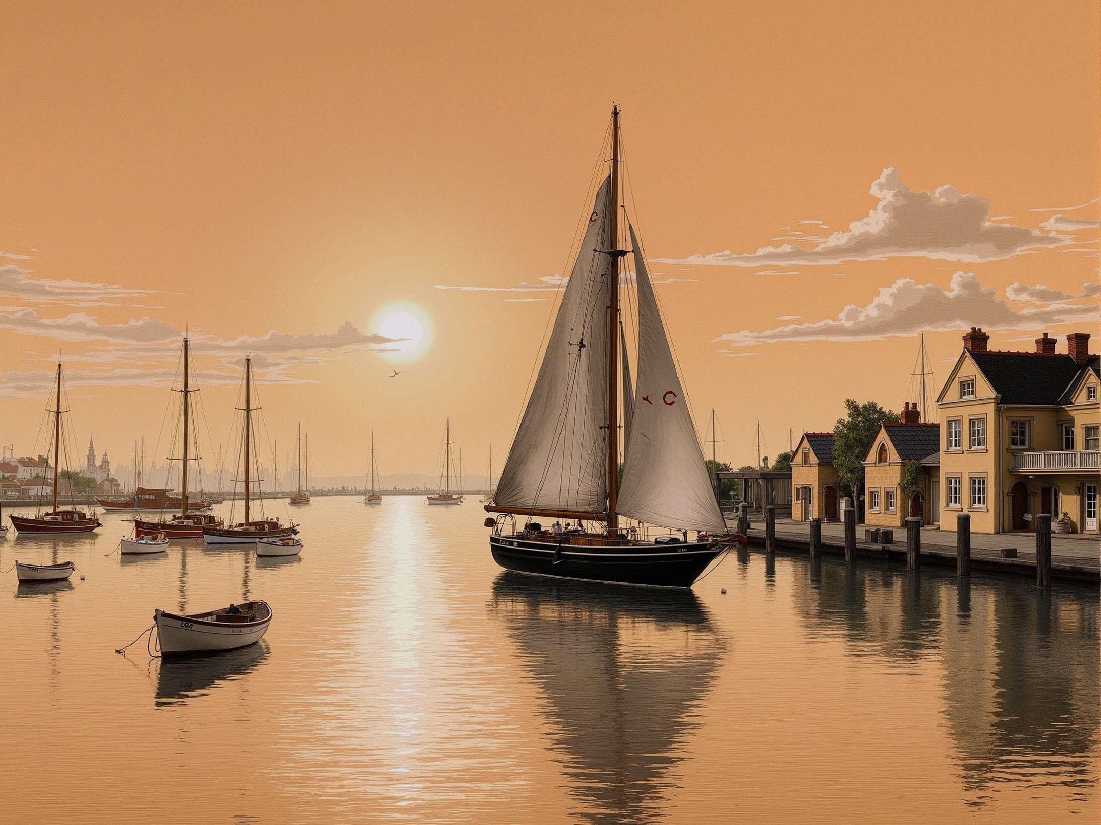 Serene Sunset Over Tranquil Harbor with Sailboat