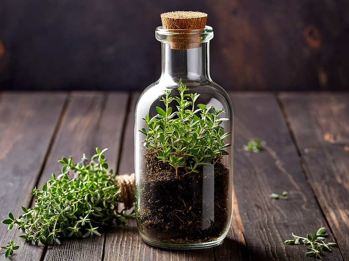 Glass Bottle with Fresh Thyme Plant and Soil