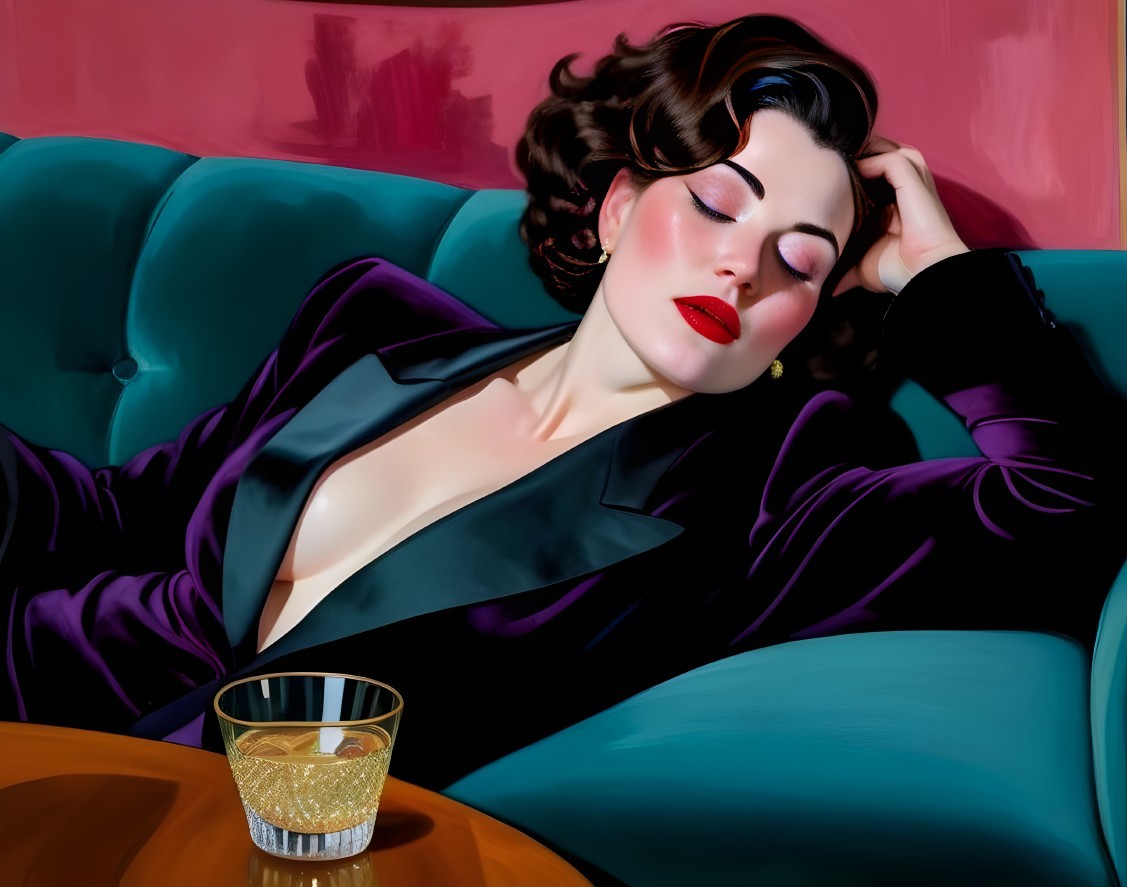 Glamorous Woman Relaxing on Teal Couch with Whiskey