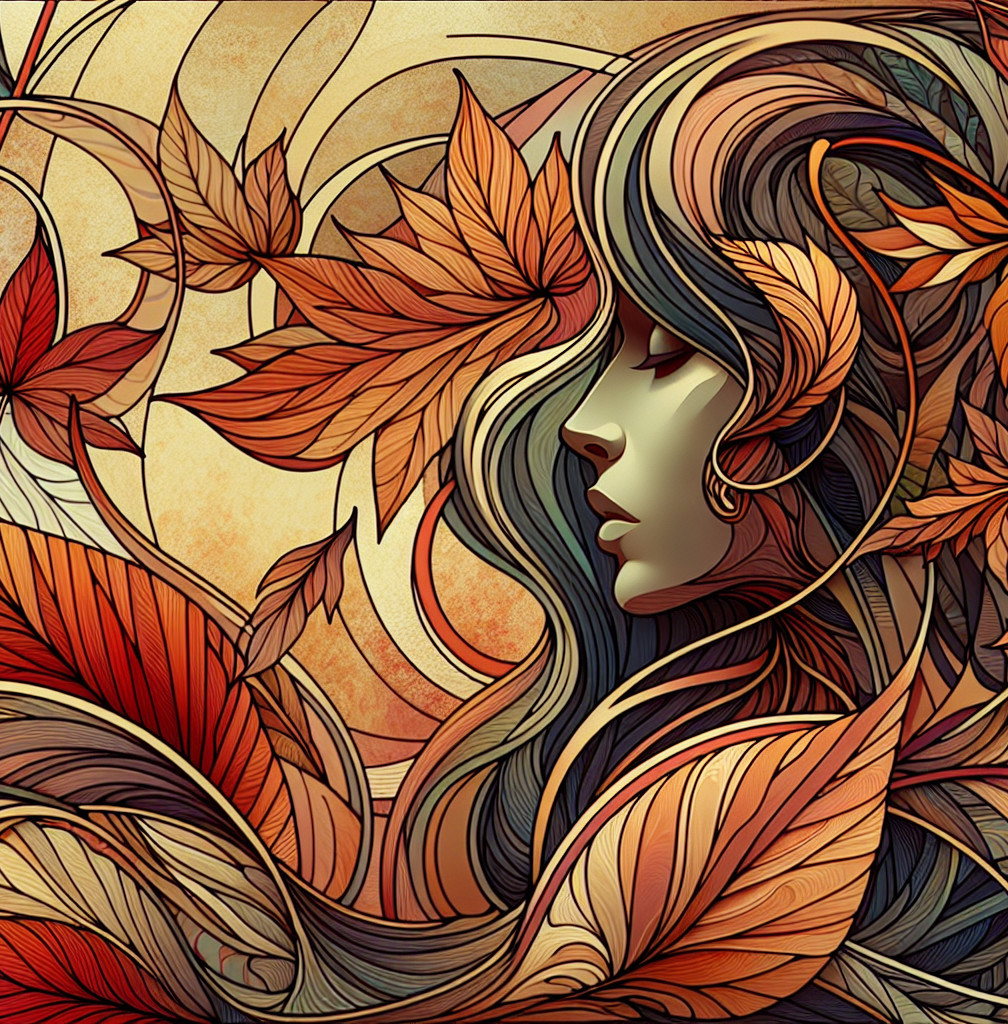 Stylized Woman Profile Entwined with Autumn Leaves