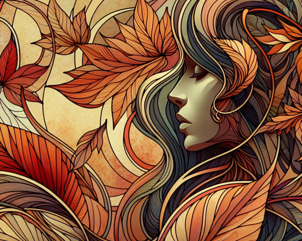 Stylized Woman Profile Entwined with Autumn Leaves