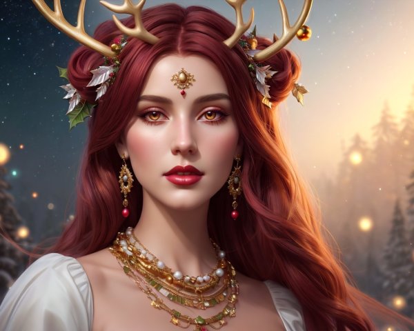 Elegant Woman with Red Hair and Antlers in Winter Scene