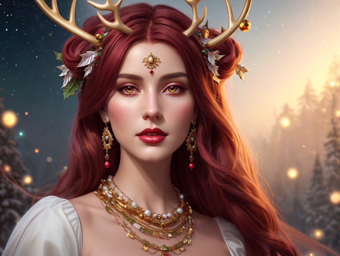 Elegant Woman with Red Hair and Antlers in Winter Scene