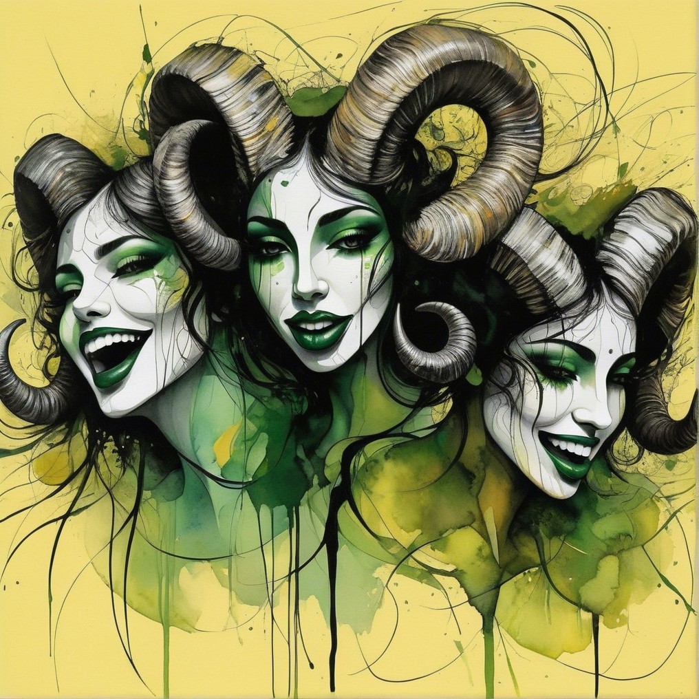 Stylized female faces with ram horns and vibrant colors