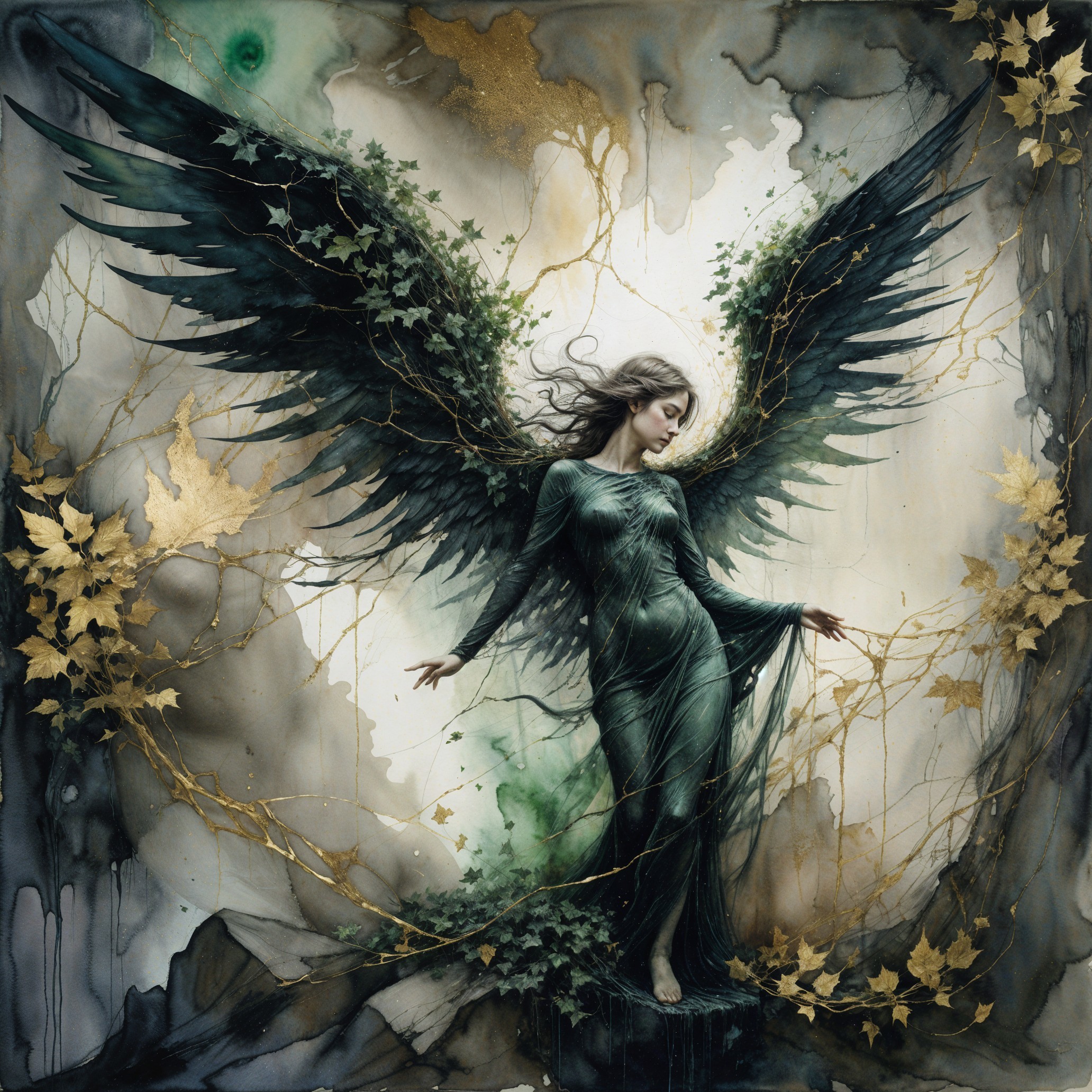 Mystical figure with black wings and golden leaves