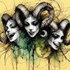 Stylized female faces with ram horns and vibrant colors