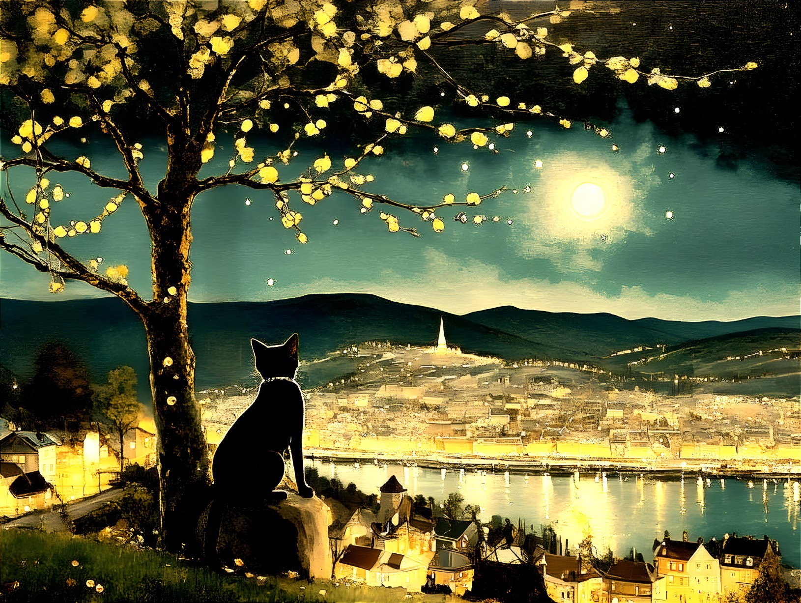 Black Cat on Rock Under Blooming Tree at Night