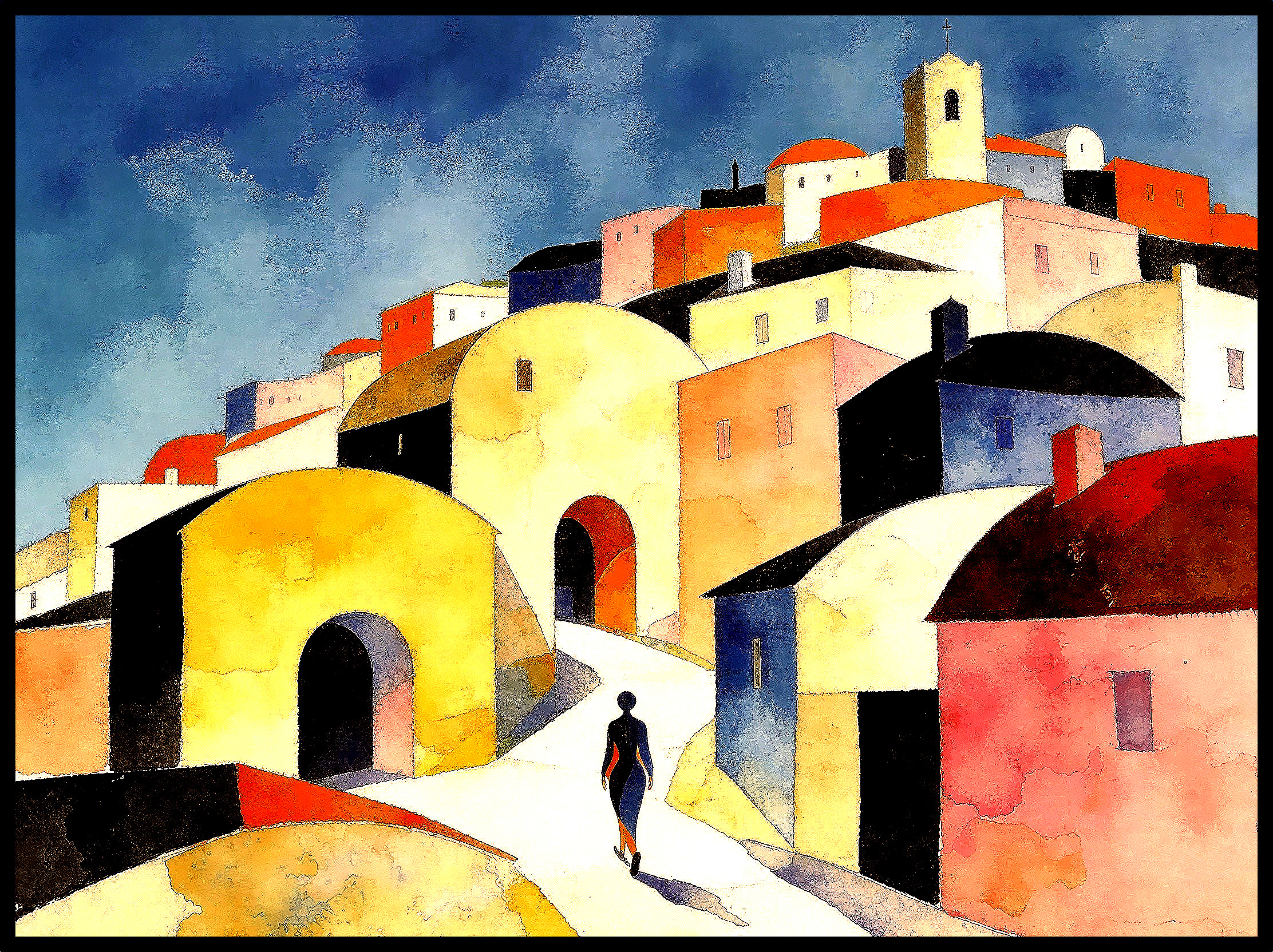 Abstract Watercolor of Mediterranean Town and Sky