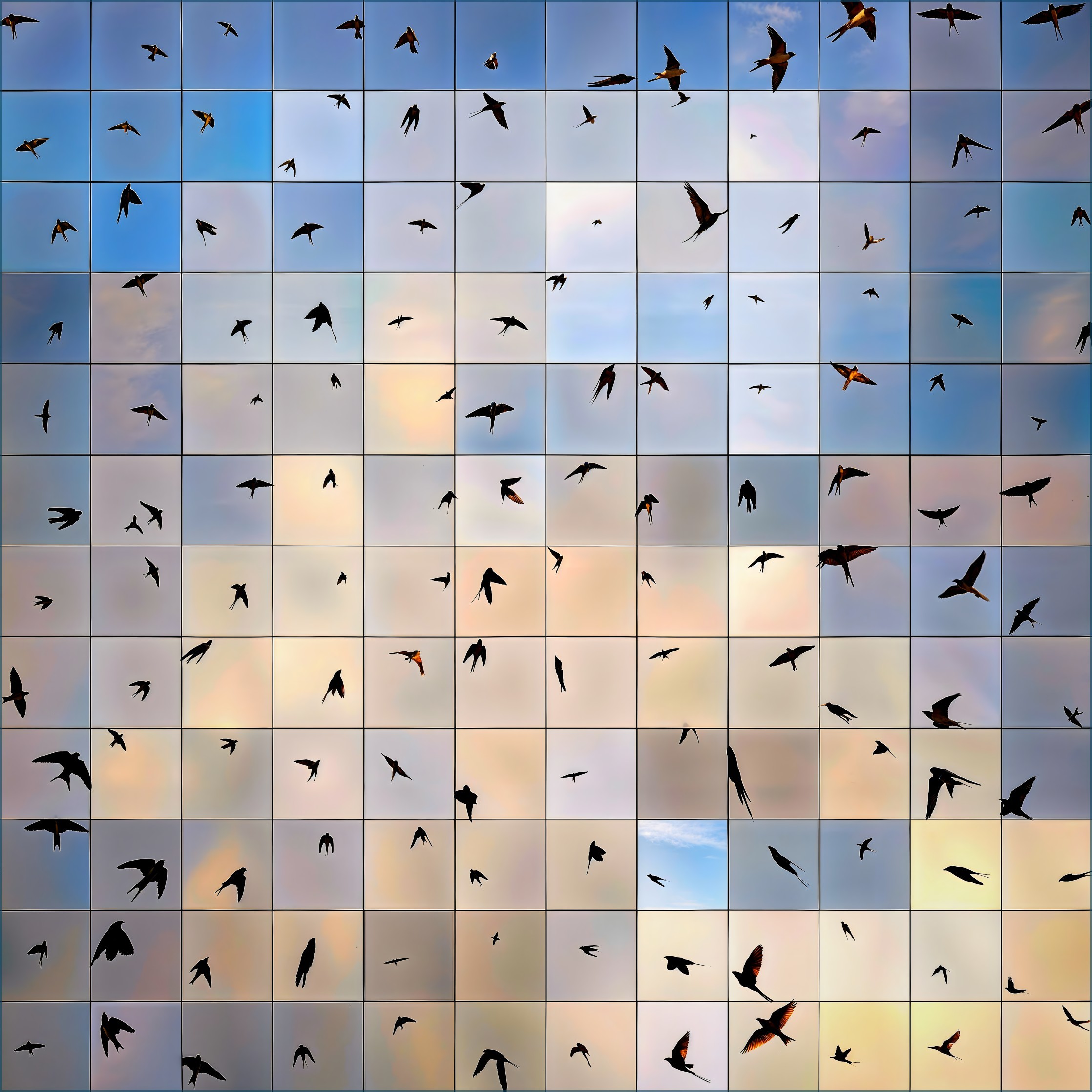 Mosaic of Birds in Flight Against Pastel Clouds