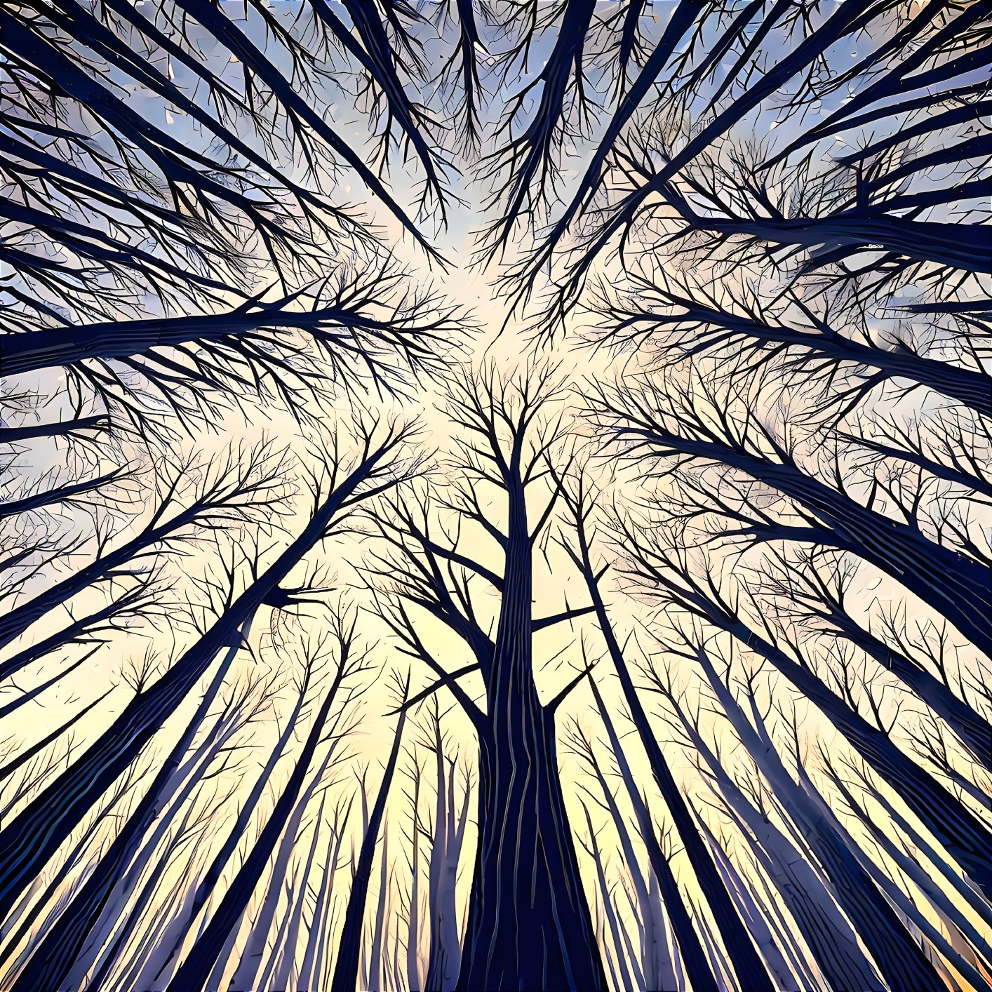 Forest View from Below with Pastel Sky Transition