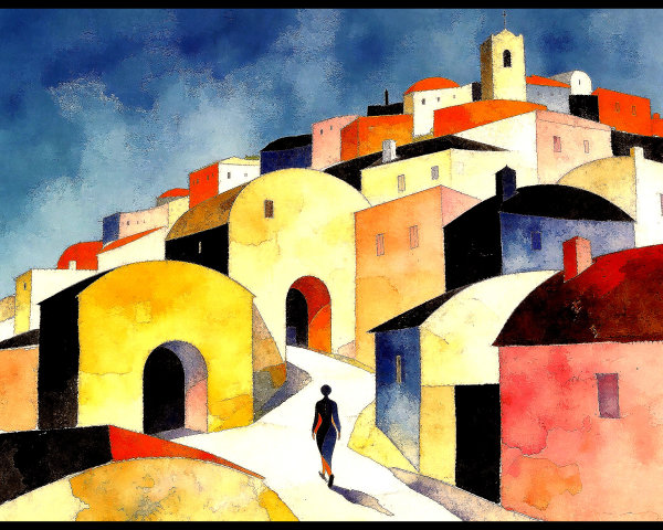 Abstract Watercolor of Mediterranean Town and Sky