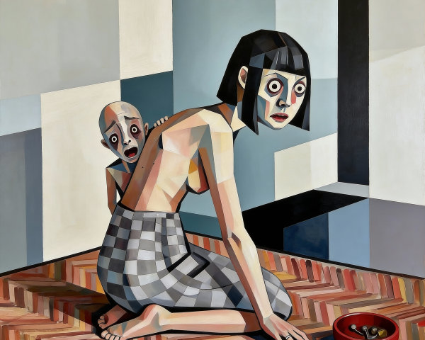 Cubist Painting of Mother and Child in Room Corner