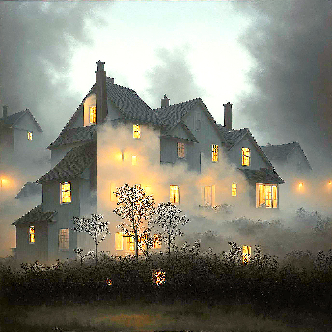 Mysterious Multi-Story House in Foggy Twilight Scene