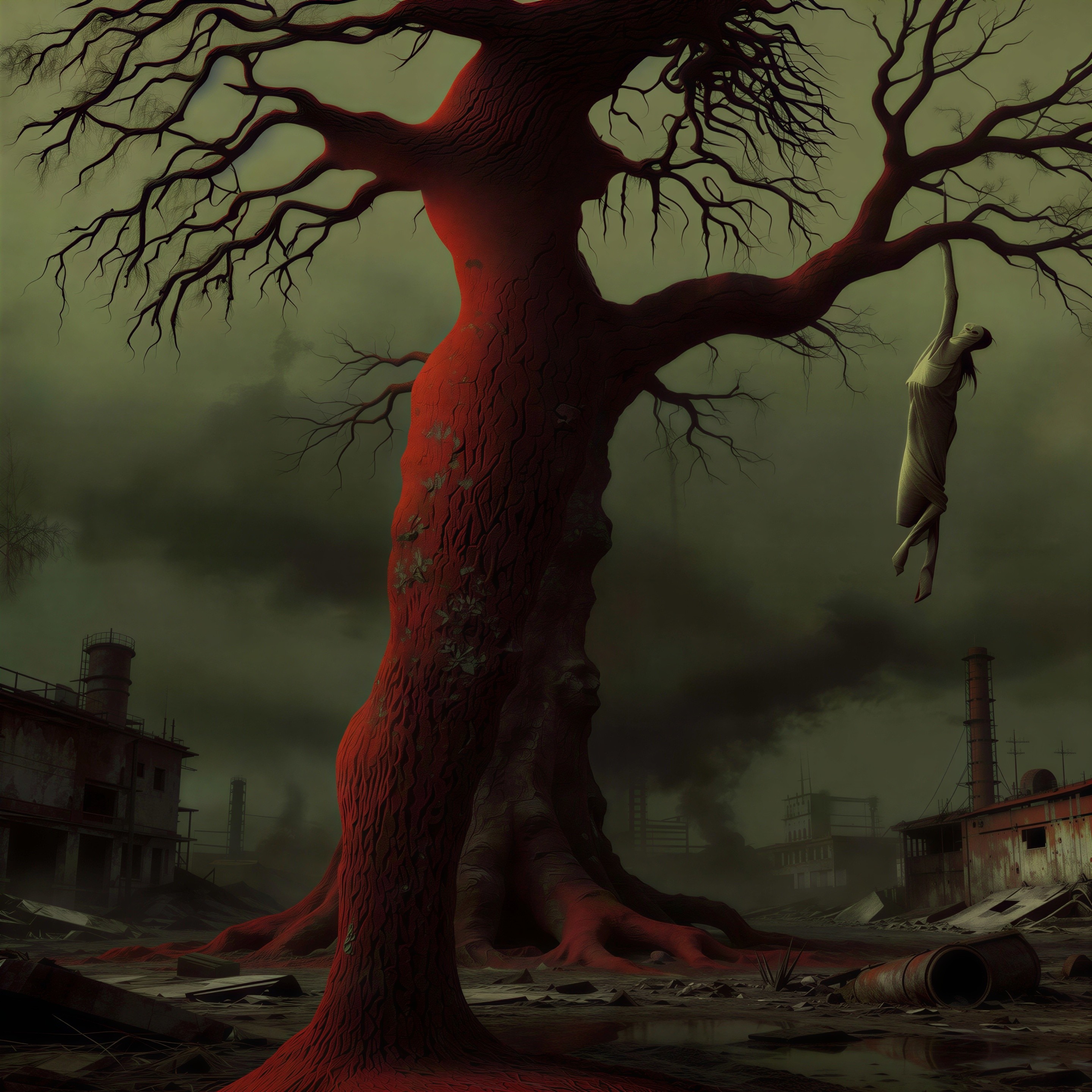 Crimson Tree with Ghostly Figure in Apocalyptic Wasteland