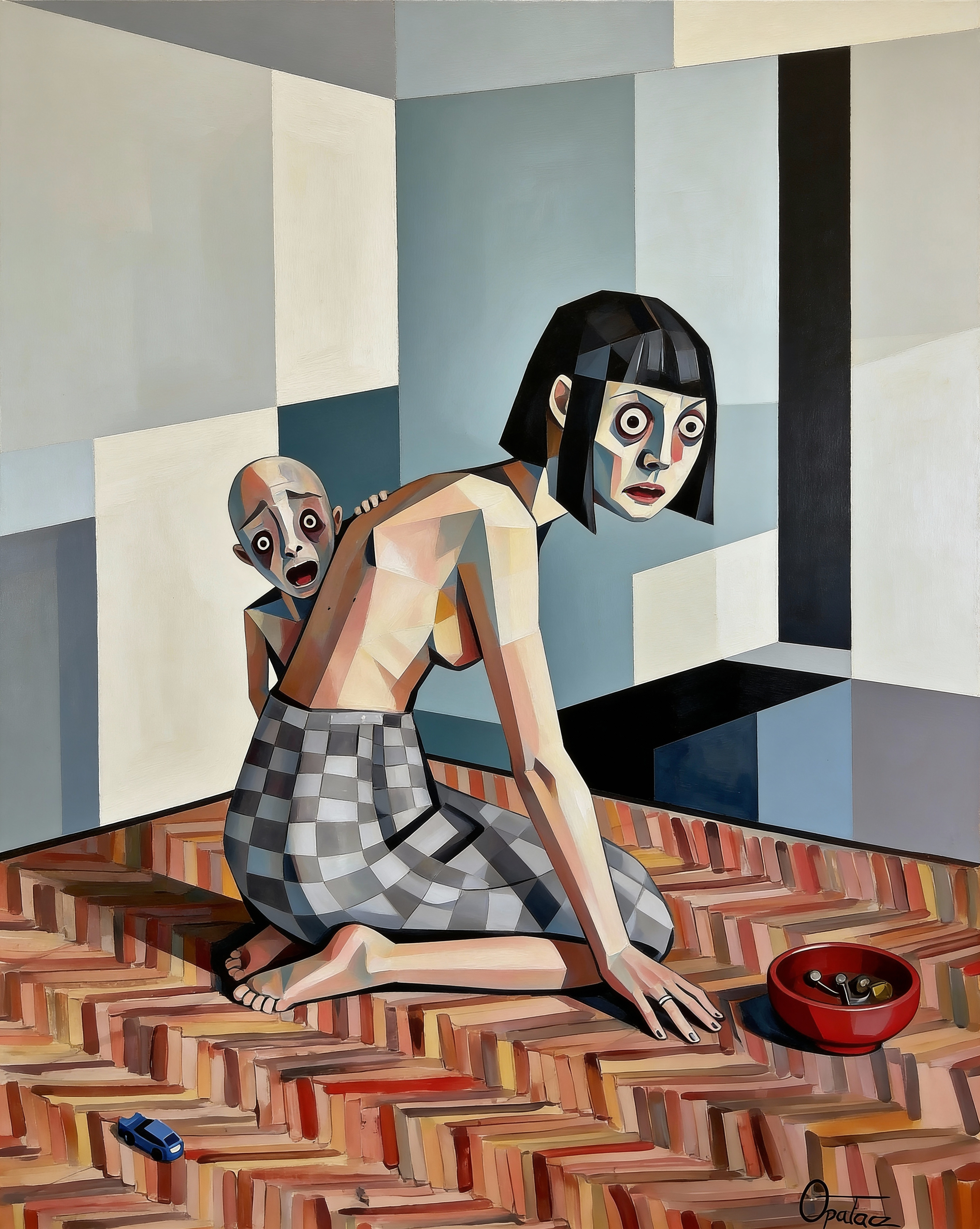 Cubist Painting of Mother and Child in Room Corner