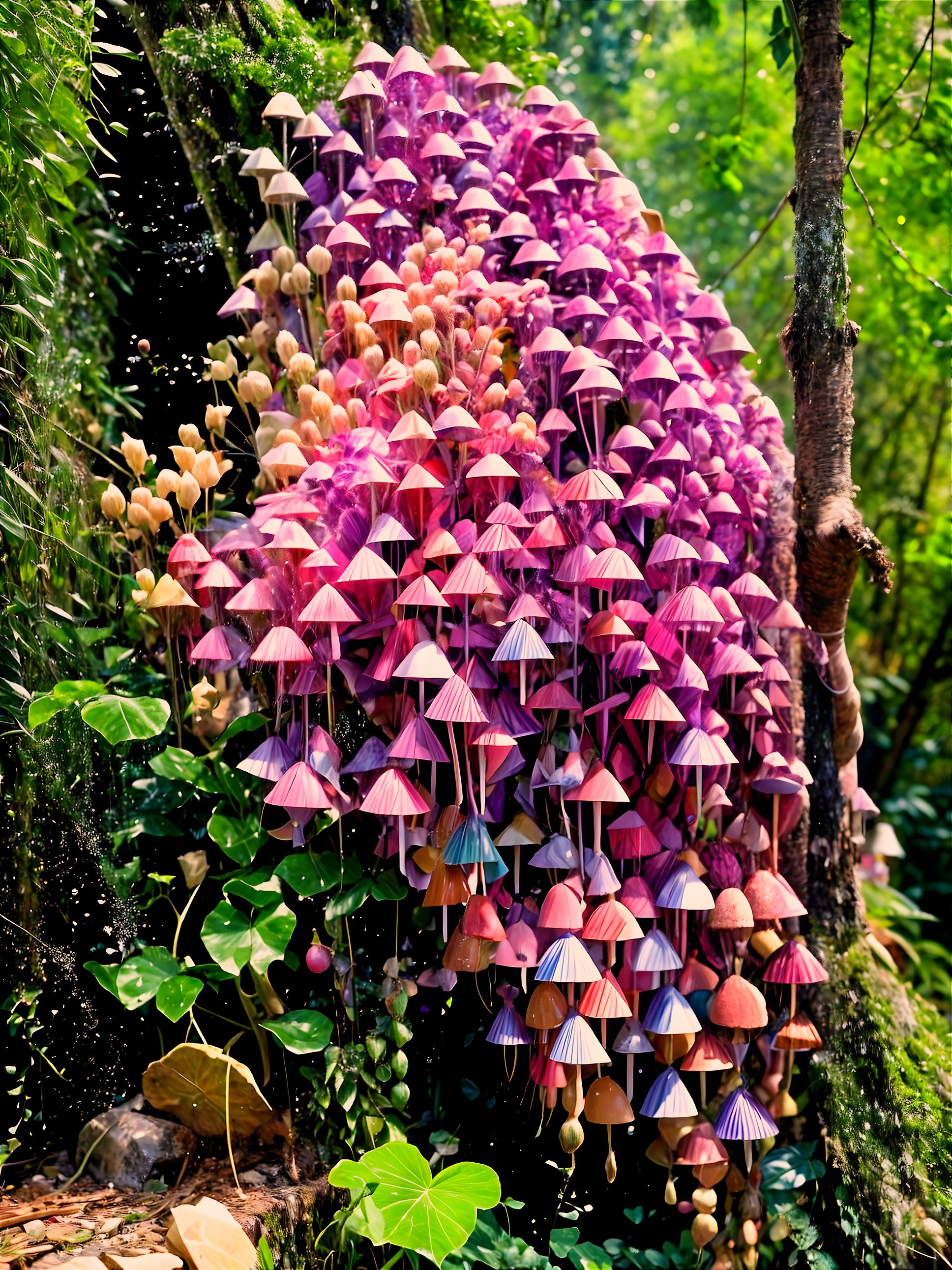 Colorful Mushrooms on a Mossy Tree Trunk