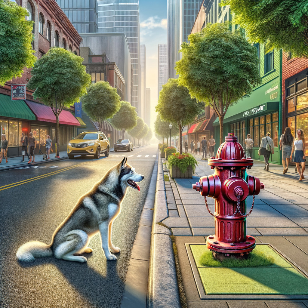 Husky by Fire Hydrant in Sunny Cityscape Scene