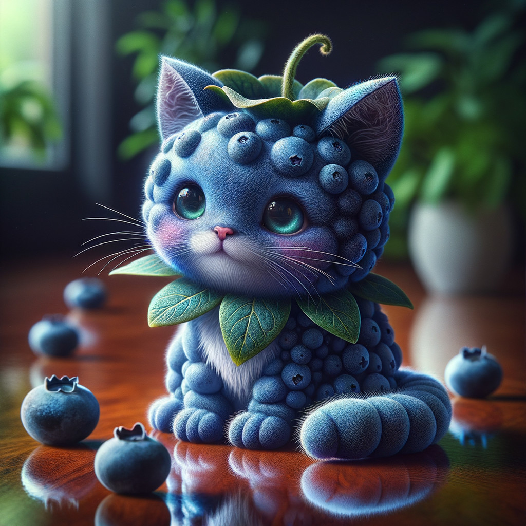 Whimsical Blueberry Kitten on Wooden Surface