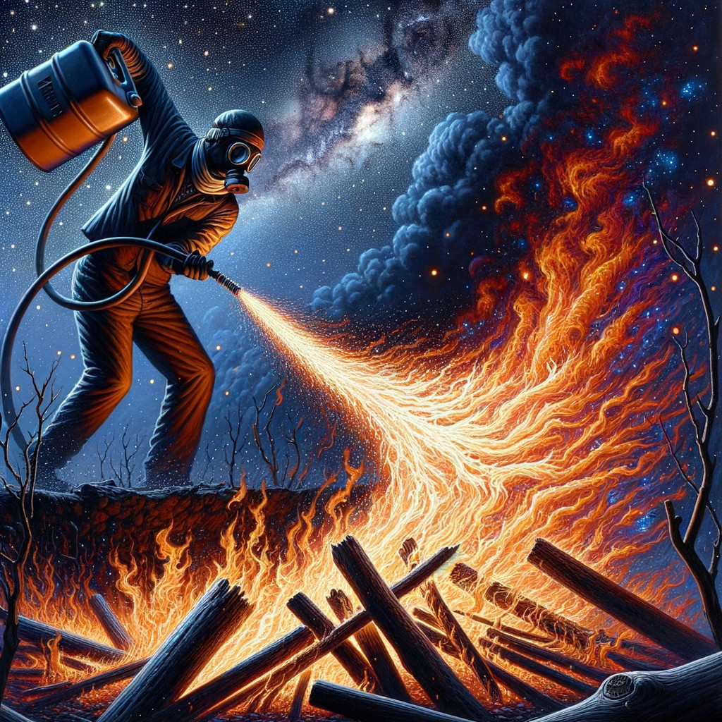 Silhouetted Figure with Flame Against Cosmic Backdrop