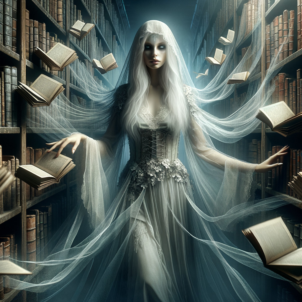 Mystical Figure in Ancient Library with Floating Books