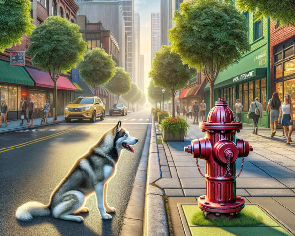 Husky by Fire Hydrant in Sunny Cityscape Scene
