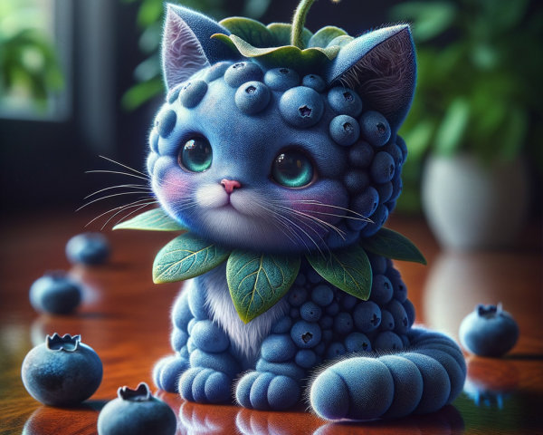 Whimsical Blueberry Kitten on Wooden Surface
