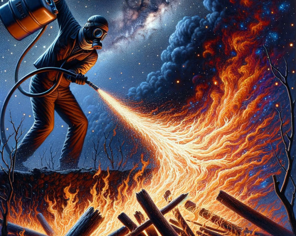 Silhouetted Figure with Flame Against Cosmic Backdrop