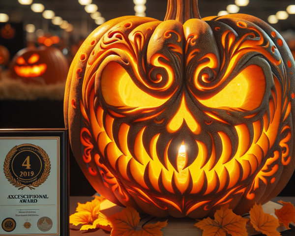 Intricately Carved Pumpkin with Award and Autumn Leaves