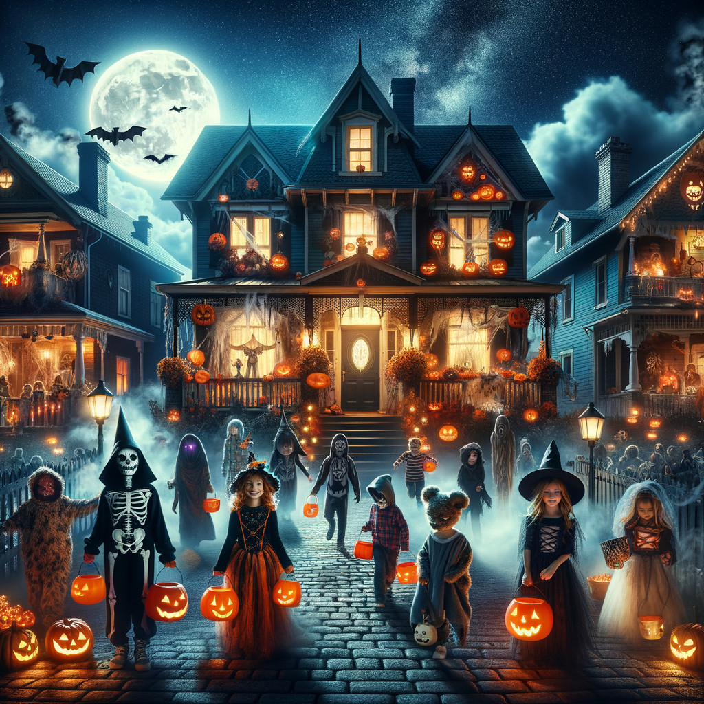 Haunting Halloween Scene with Costumed Children and Bats
