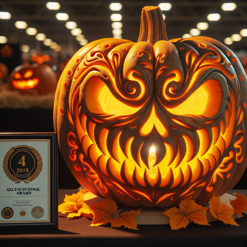 Intricately Carved Pumpkin with Award and Autumn Leaves