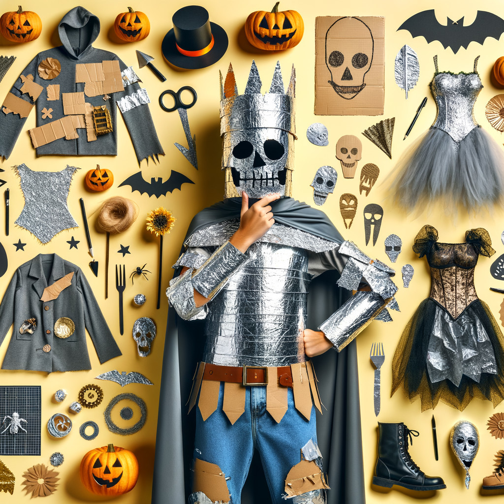 Person in Metallic Costume with Halloween Decorations