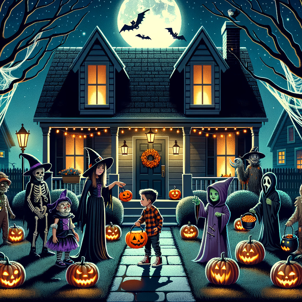 Spooky Halloween Scene with Costumed Characters and Pumpkins