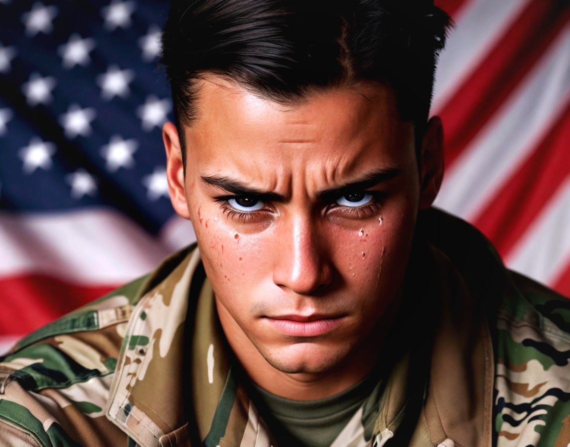 Close-up of a young person in military uniform with flag