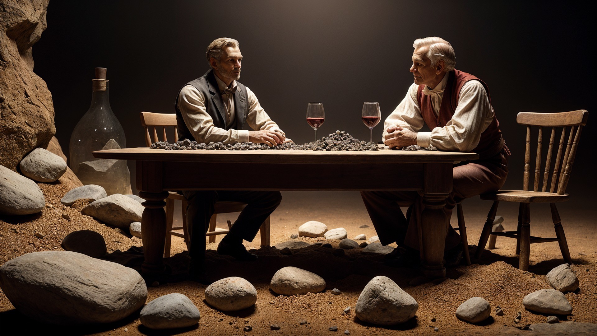 Vintage Attire Men in Dimly Lit Rustic Setting