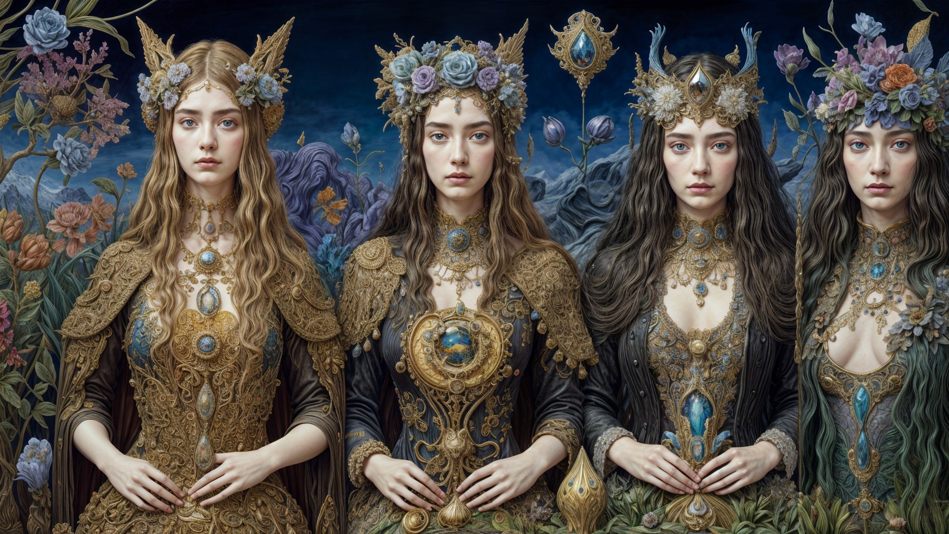 Ethereal Women in Ornate Gowns in Mystical Setting