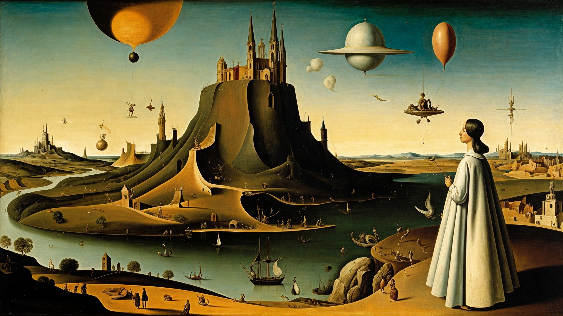 Surreal landscape with mountain, castle, and lake
